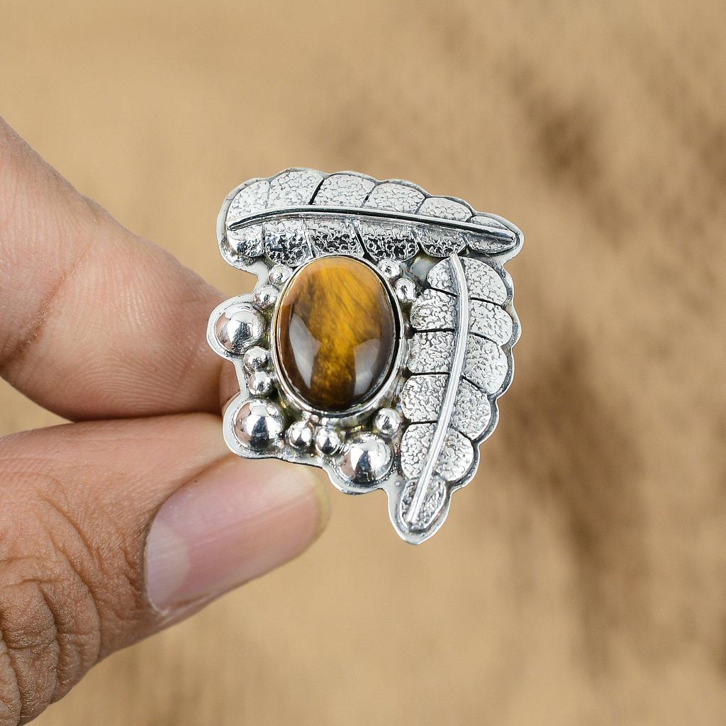 925 Sterling Silver Sacral Chakra Oval Tiger's Eye Stone Elegant Mother New Ring
