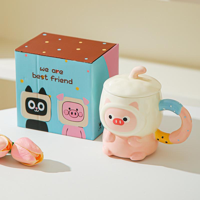 Cute cute cartoon piggy ceramic mug with lid for girls' birthday girlfriends practical souvenir gift box