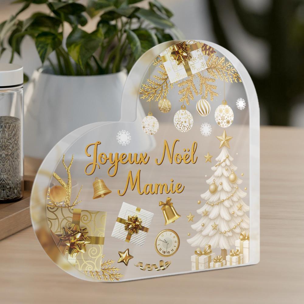 1pc French Christmas Heart Sign - Elegant French  Joyeux Noel Mamie  Decoration with Golden Ornaments, Heart-Shaped Tabletop Decor for Home, Wedding 10*10cm