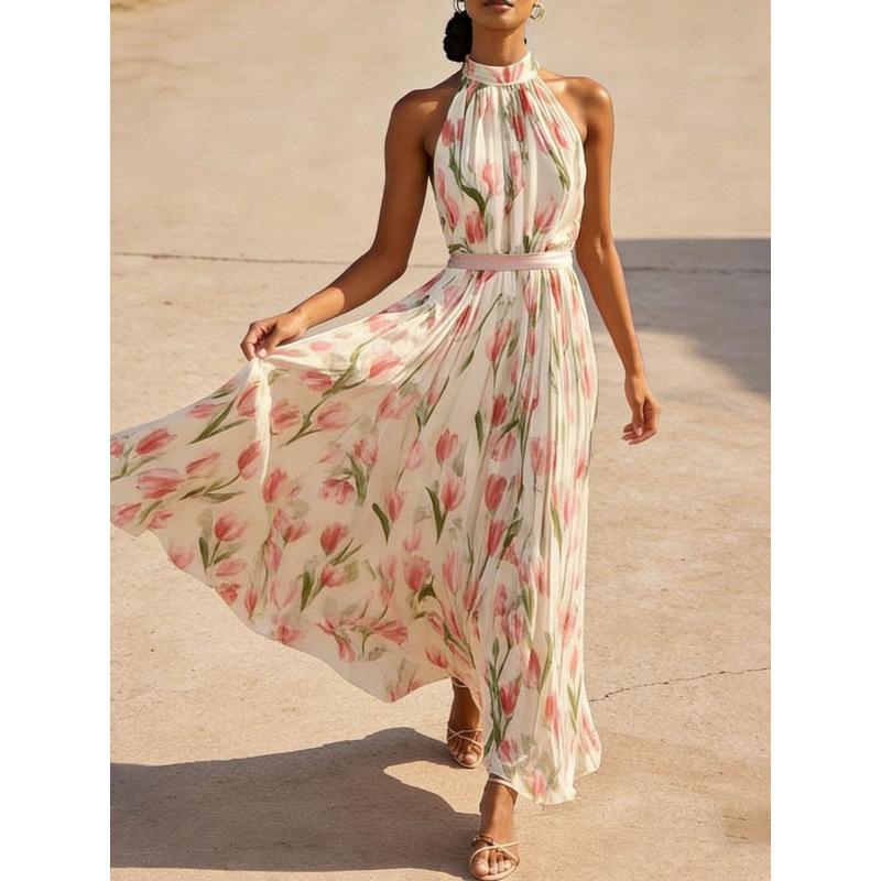 Women s Sleeveless Halter Neck Tulip Print Maxi Dress White S