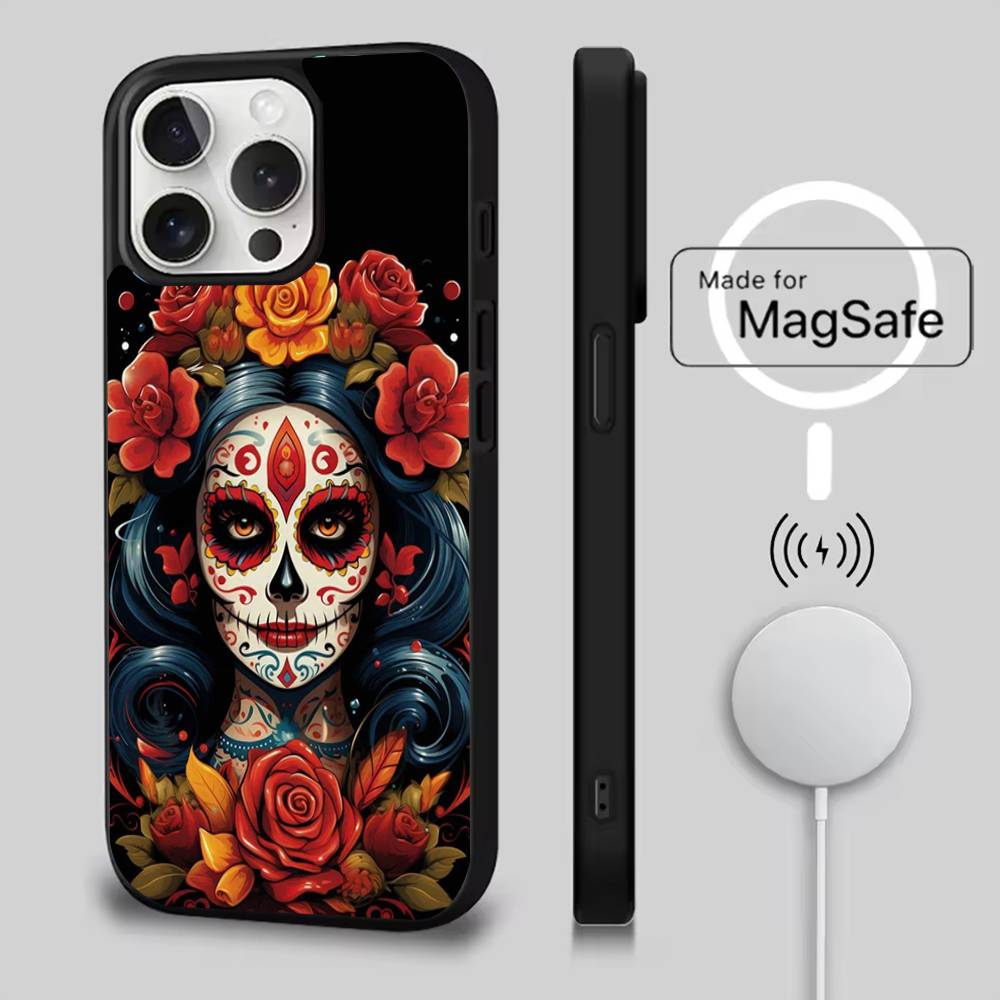 Mexican Catrina Skull Phone Case For iPhone 17,16,15,14,13,12,11,Pro,Max,Plus,Mini,Air,SE New Magsafe Magnetic Wireless Charging
