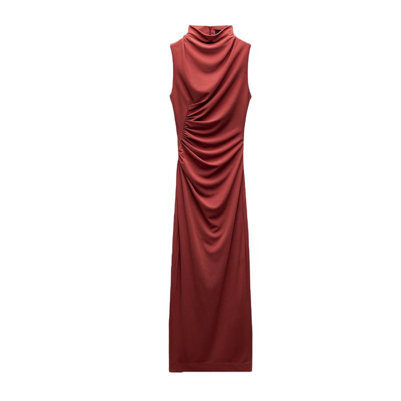 Spring New Women Clothes Vest Dress Long Knitted Pleat Decorative Stand Collar Sleeveless Dress 4772345