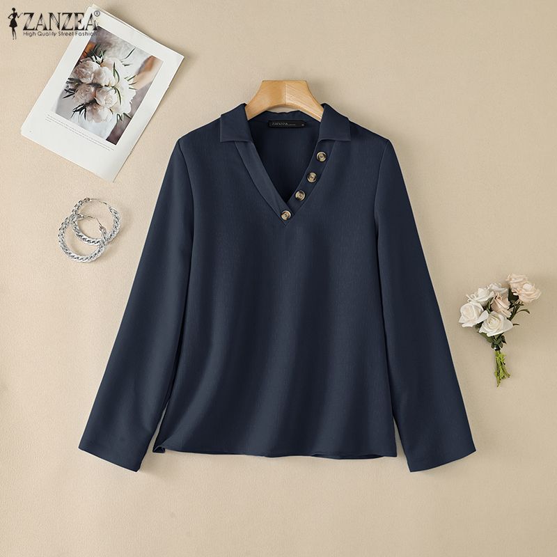 ZANZEA Womens Casual Lapel V Neck Long Sleeve Solid Color Blouse Loose Fit Work Office Shirts