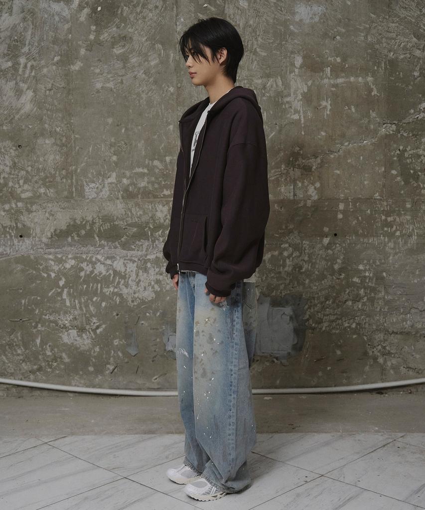 Erer Men Oversized Sweat Hoodie Zip-Up Brown