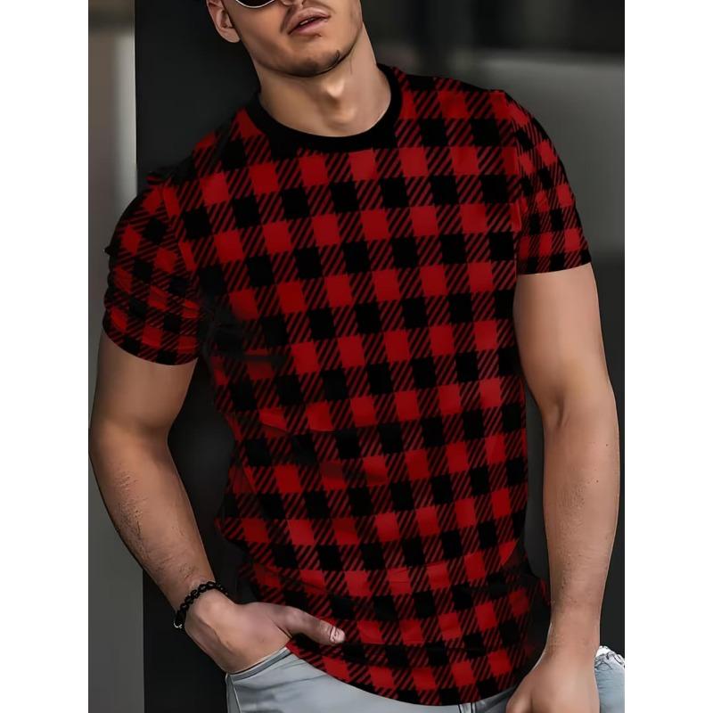 Men s T-shirt Classic Checkered Stripe Printed Casual T-shirt 2XS