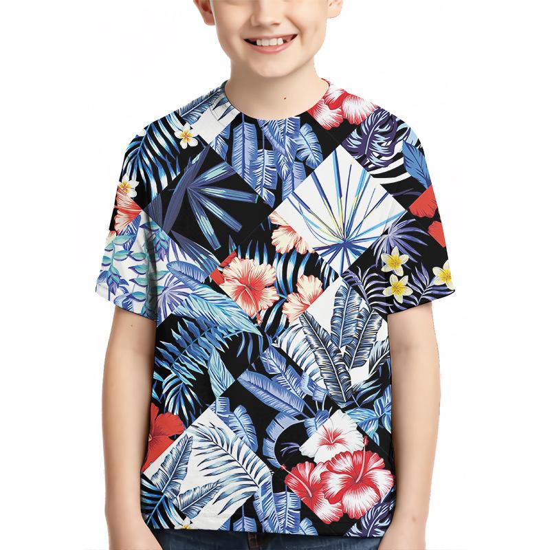 Children's Plant Pattern 3D Digital Printed Boys' Casual and Comfortable Round Neck Short Sleeved T-shirt