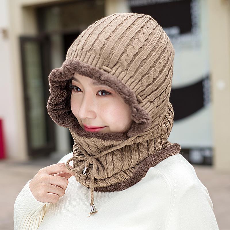 

Autumn and winter warm unisex fashion fleece thickened knitted one-piece hat thickened lace-up sleeve cycling hat Thickened fleece хакі