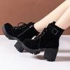 Cotton Shoes Winter New Round Toe Suede Zip Metal Buckle Platform Non-Slip Block Heel Booties