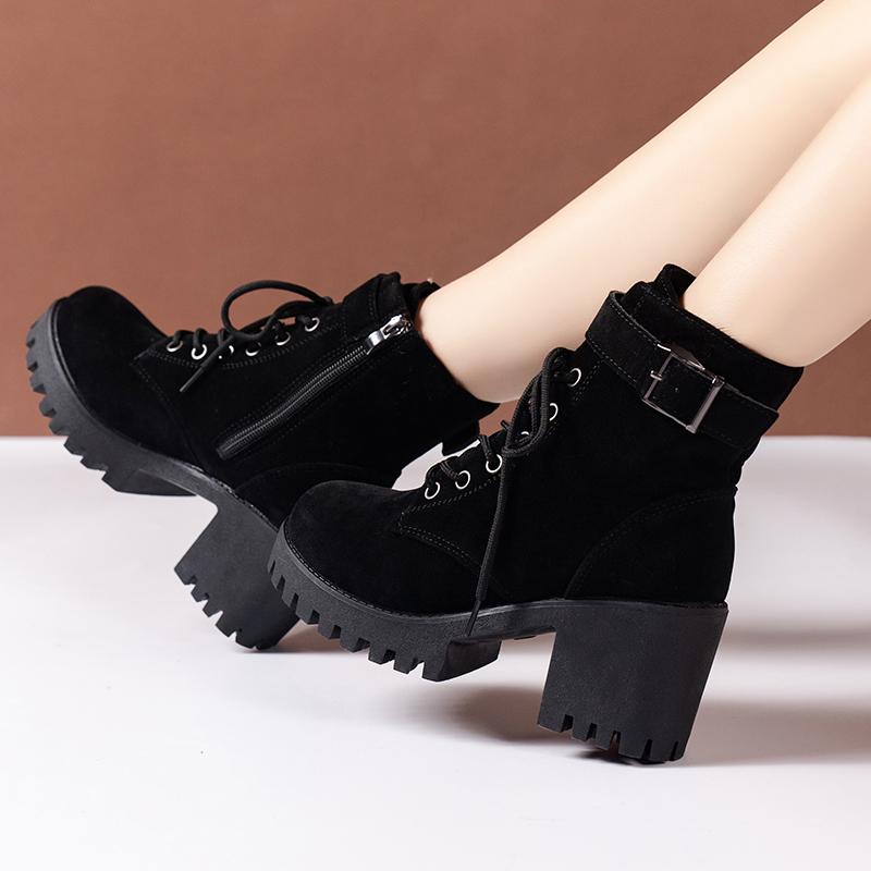 Cotton Shoes Winter New Round Toe Suede Zip Metal Buckle Platform Non-Slip Block Heel Booties