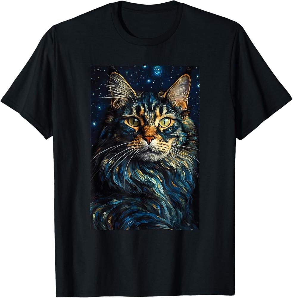 Maine Coon cat painting kitten Van Gogh art Starry Night sky TShirt Unisex T-Shirt L