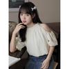 Summer New Temperament Fringed Neck Off-the-shoulder Short-sleeved Shirt for Women Loose and Thin French Bubble Sleeve Shirt for Trendy Women