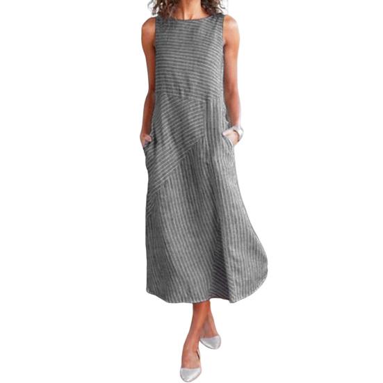 Women Summer Dress Striped Patchwork Sleeveless O-neck Loose Dress-up Pockets A-line Women Midi Dress Women Clothes