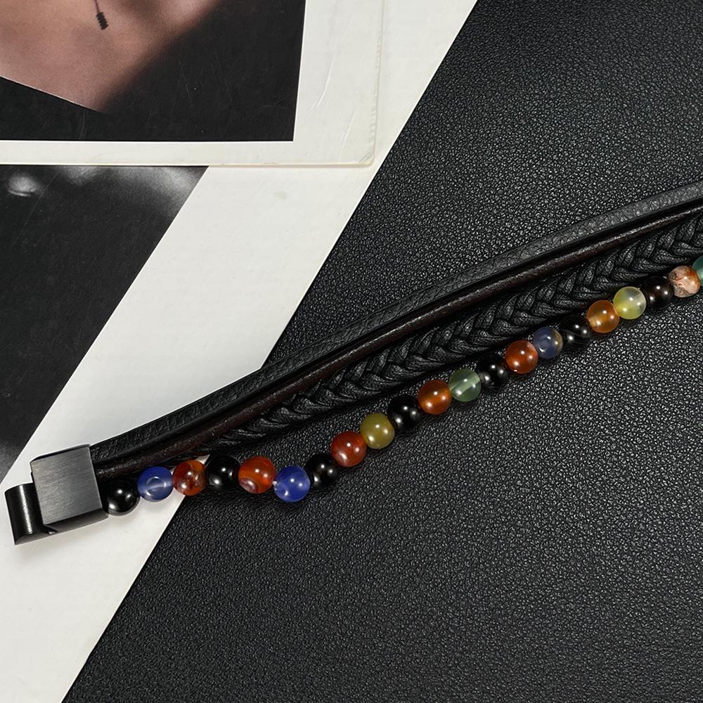 European and American Natural Agate Beaded Leather Bracelet for Men