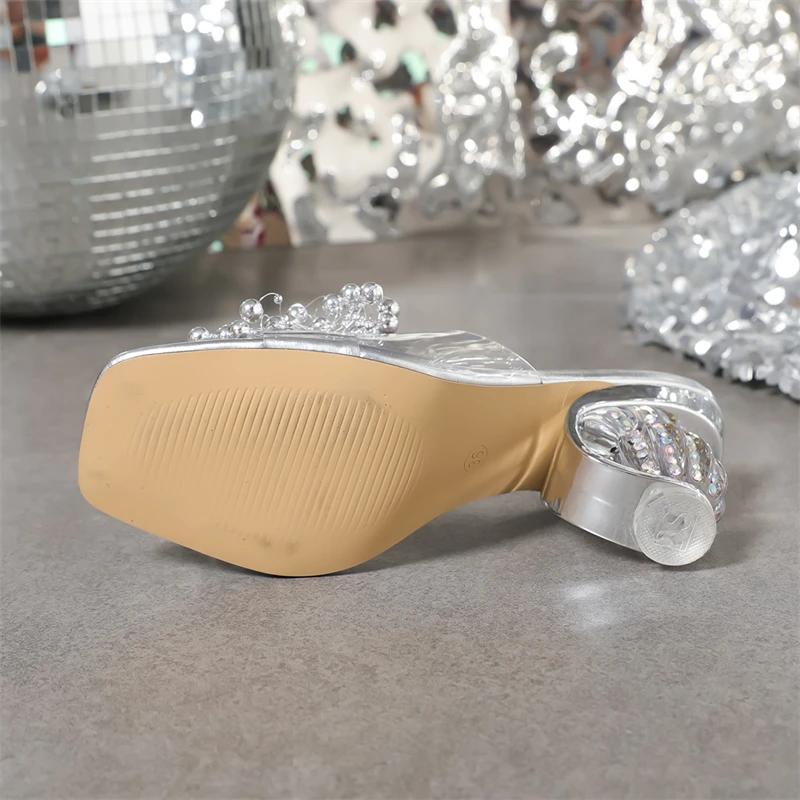 Módní perlové květinové dámské pantofle designový styl čtvercová špička křišťálové kulaté podpatky boty letní nazouváky Zapatos De Mujer