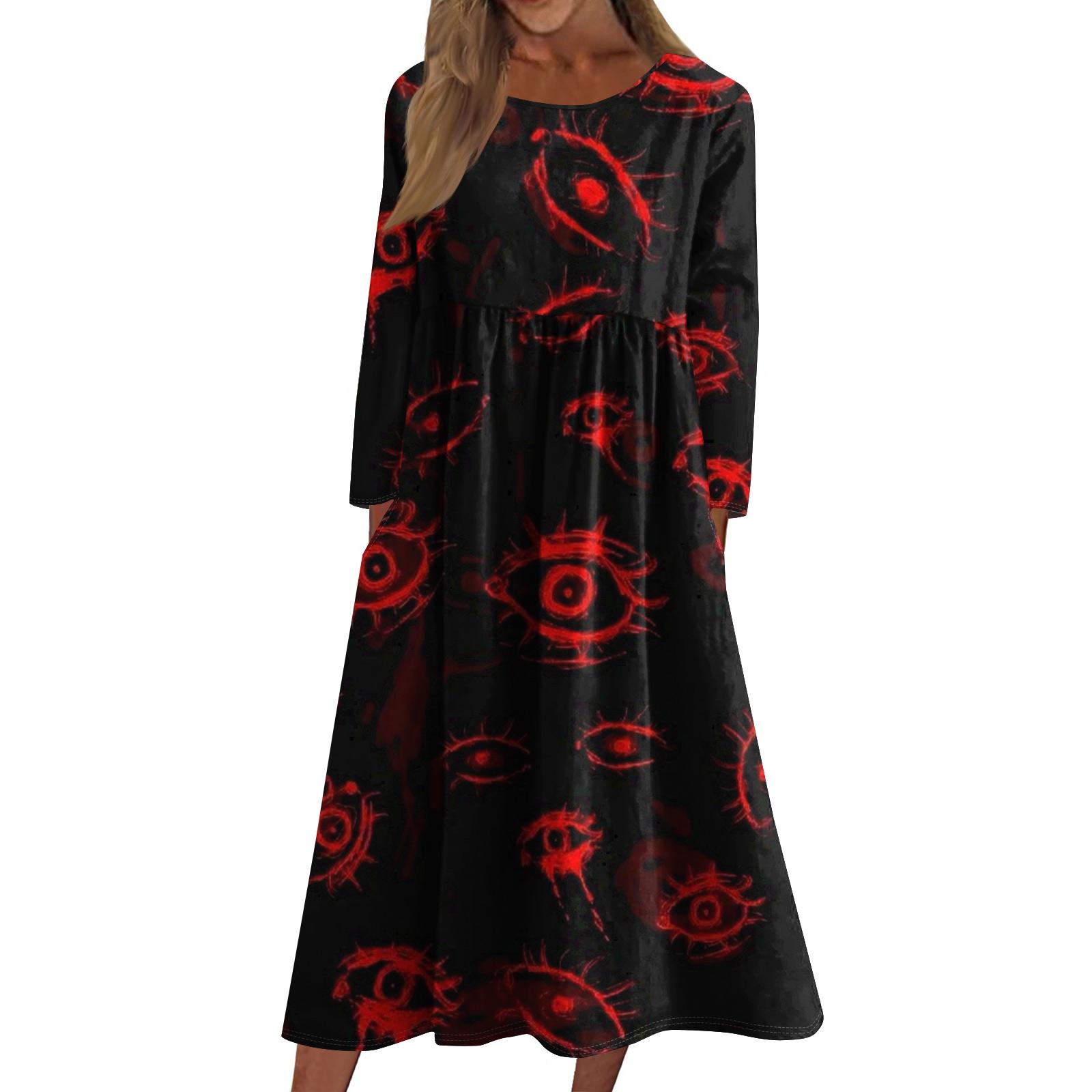 

Women s Casual Crew-neck Halloween Print Mid-length Dress Long-sleeved Dress With Pocket S чёрный
