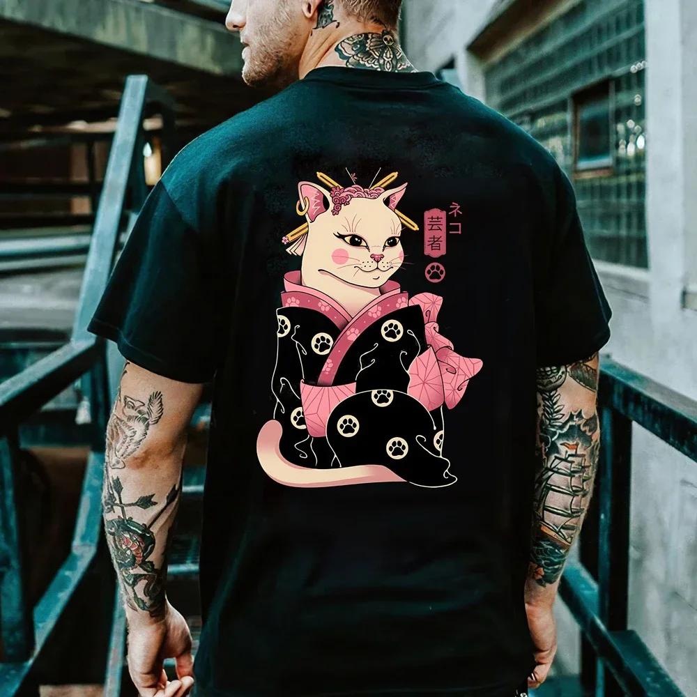 Cartoon Anime Samurai Cat Printed T Shirt For Men Outdoor Hip Hop Harajuku Vintage Clothes Casual O-neck Loose Short Sleeve Tees