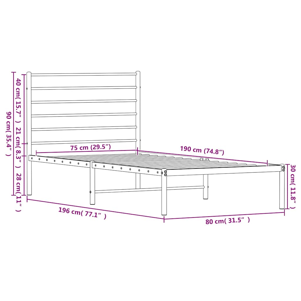 Struttura Letto in Metallo senza Materasso con Testiera Bianca 75 x 190 cm