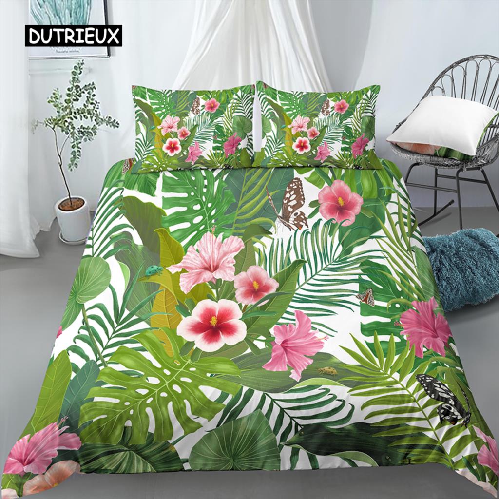 Blätter und Blumen Bettbezug-Set King Size Palmblätter Rosa Blumendruck Steppdeckenbezug für Mädchen Jungen Polyester 2/3-teiliges Bettwäscheset