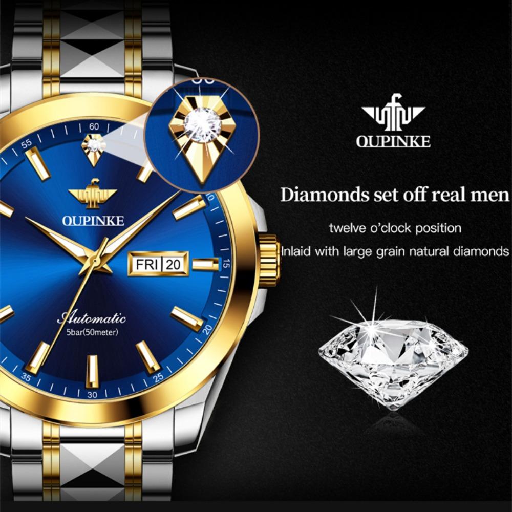 OUPINKE Montre Homme Double Calendrier Montre Mécanique Automatique Montre Diamant Haut De Gamme Étanche