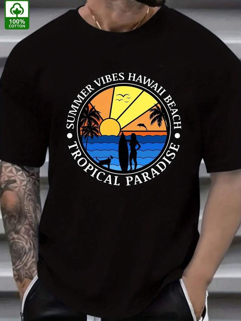 Summer Unisex's Cotton-Shirt Beach Front Pattern Printing Outdoor Wear