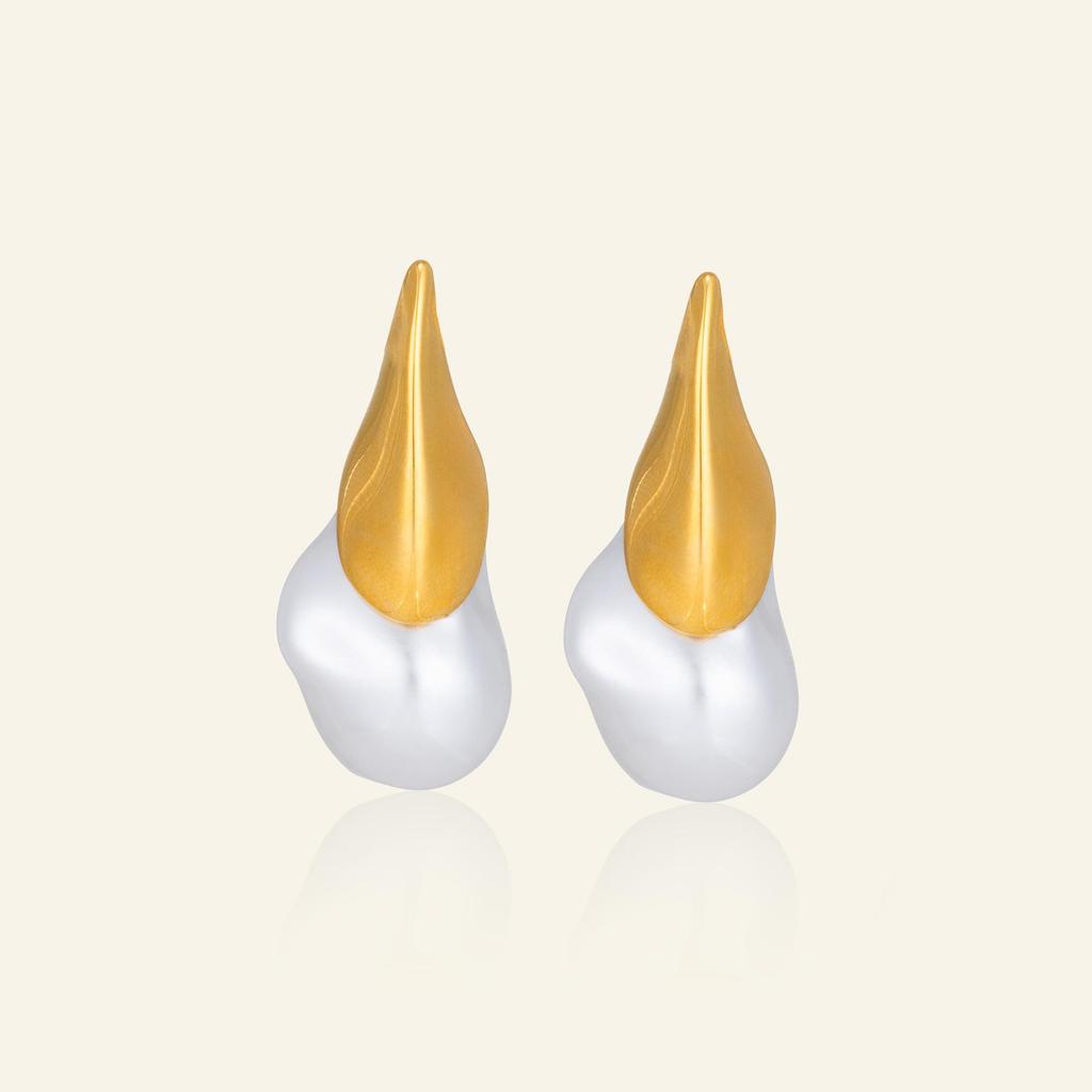18K Gold-Plated Titanium Ethnic Patchwork Water Drop Earrings with Baroque Pearls
