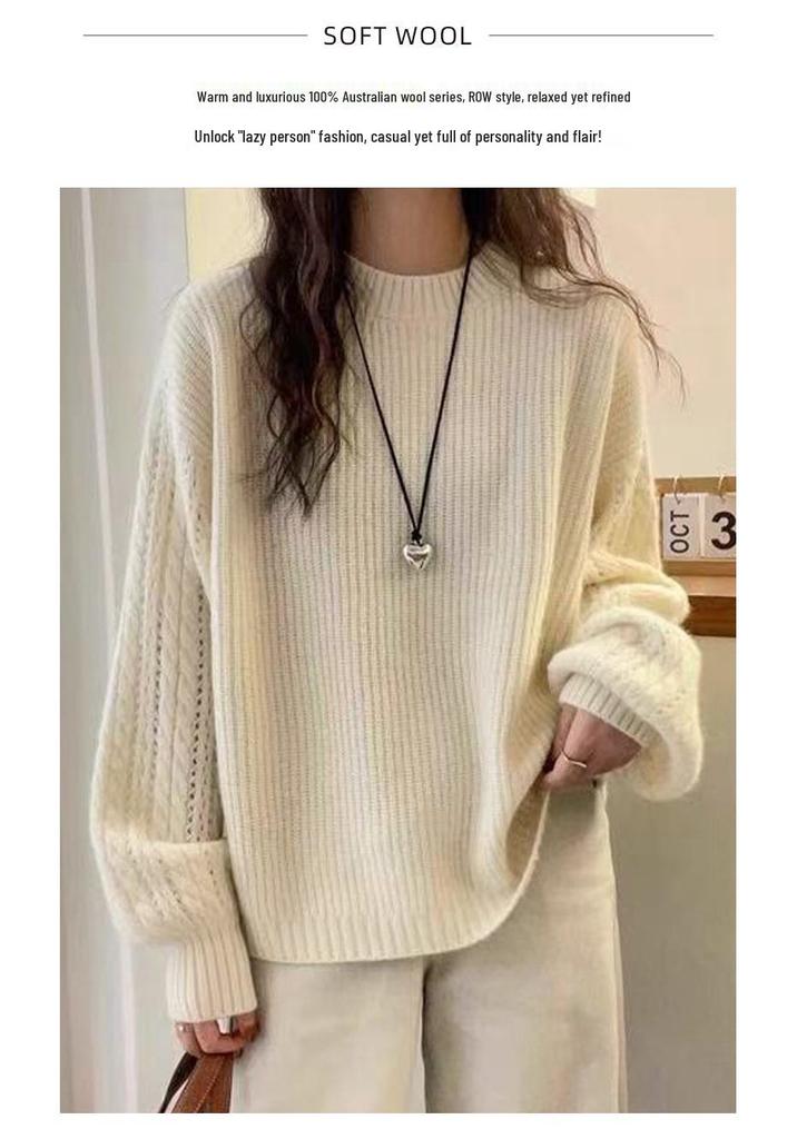Women's Heavyweight Wool Round Neck Sweater, Autumn/Winter Korean Style, Twisted Cable Knit, Long Sleeve, Warm Cashmere Base Layer