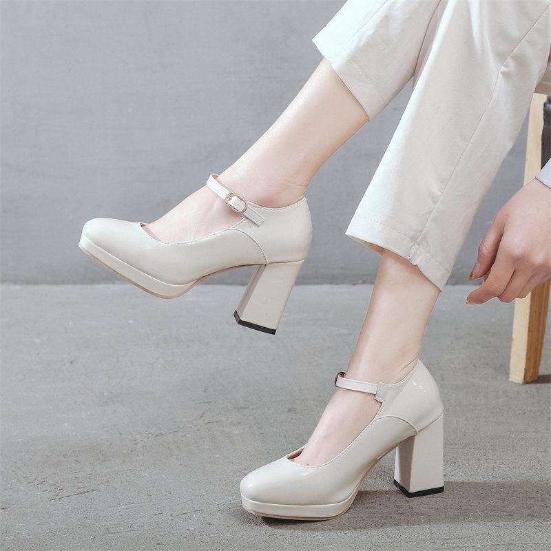 Fashion French Round Toe Mary Jane High Heels Women's Elegant Single Shoes 2024 Female Retro Wine Red Shallow Mouth Thick Heel Pumps