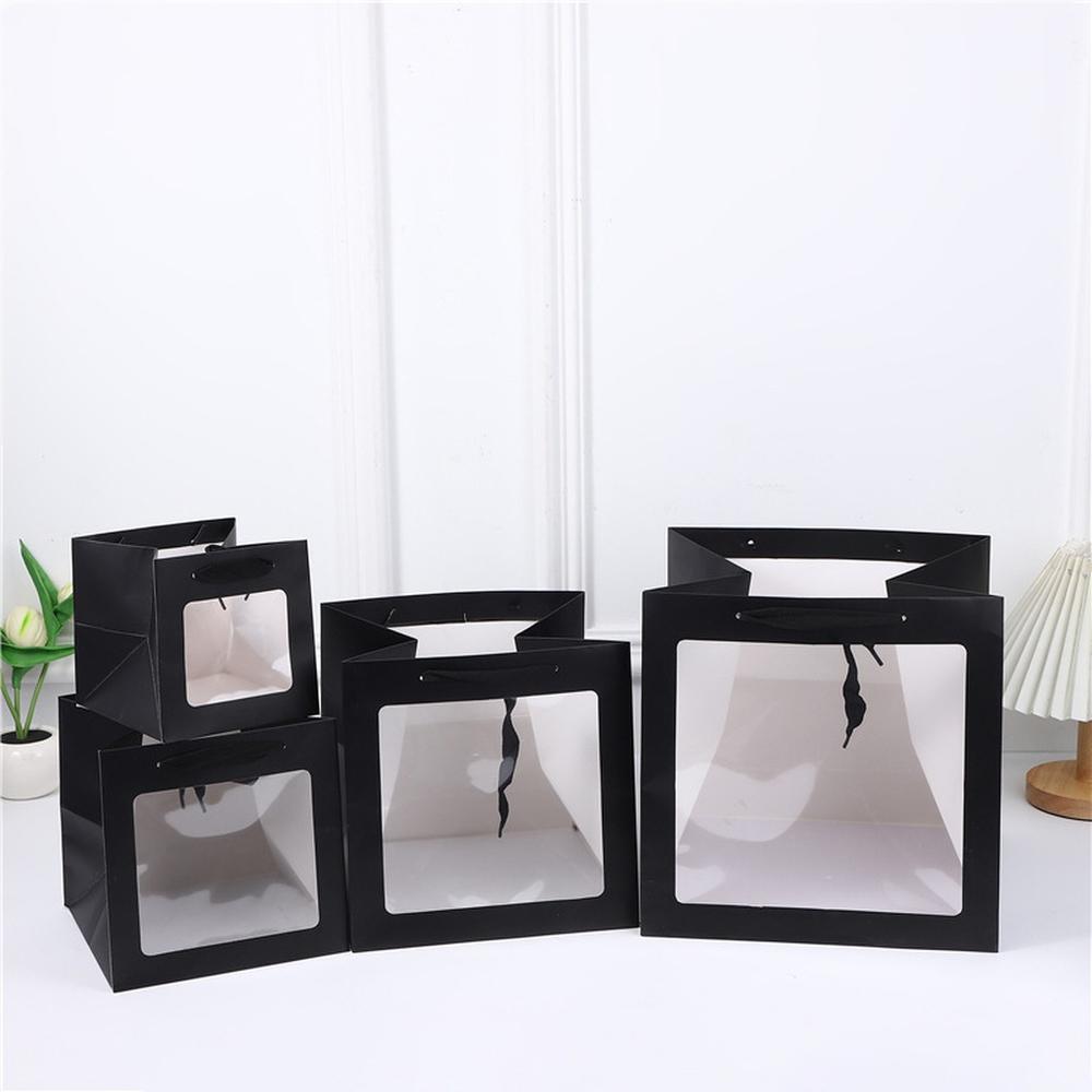 Square Clear Window Gift Bag with Handle Sturdy Paper Carry Bag for Flower Plush Toy Cake and Party Gift Packaging Bag