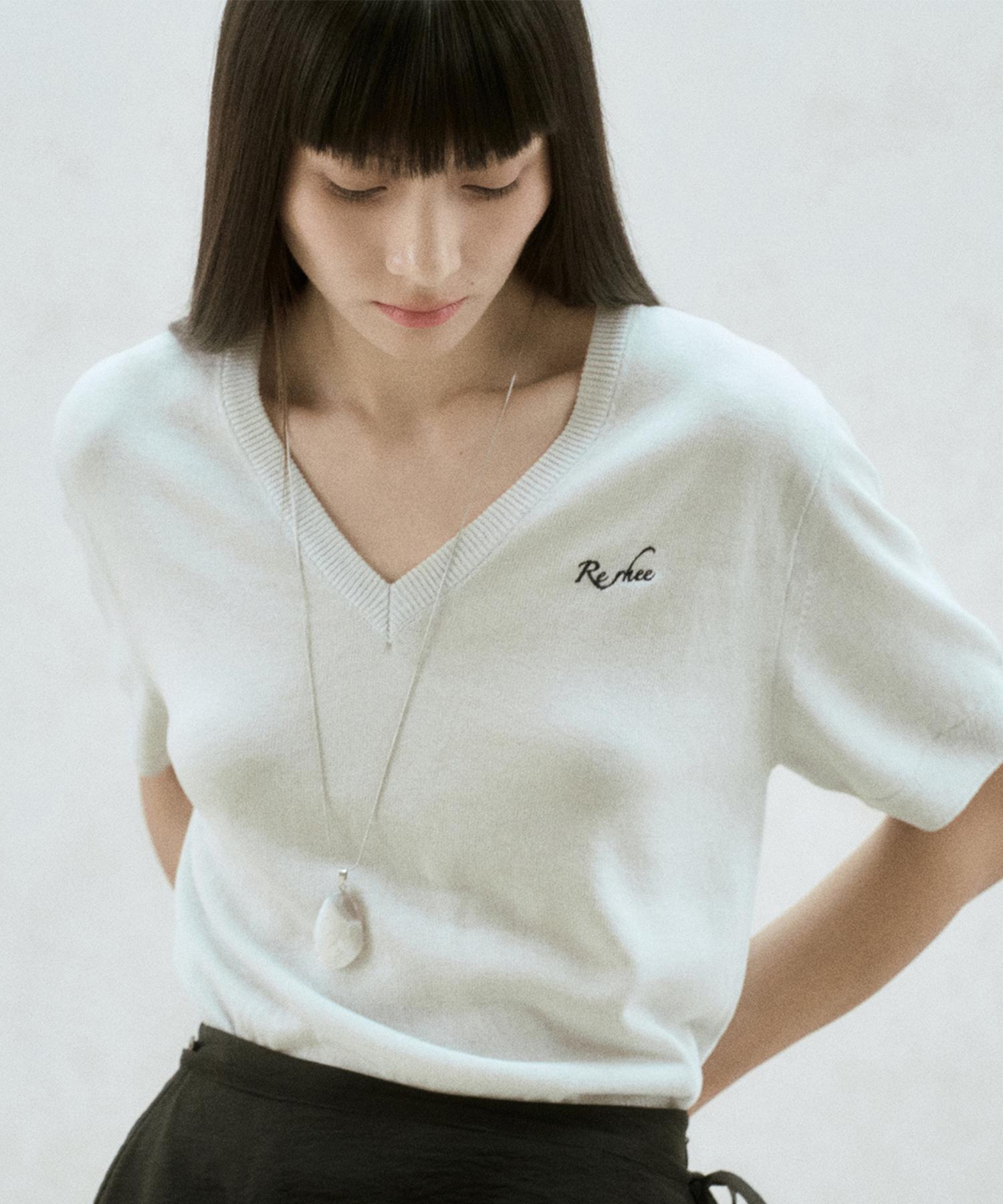 Rie V Neck Logo Embroidered Knit Top Silver Silver/S_M