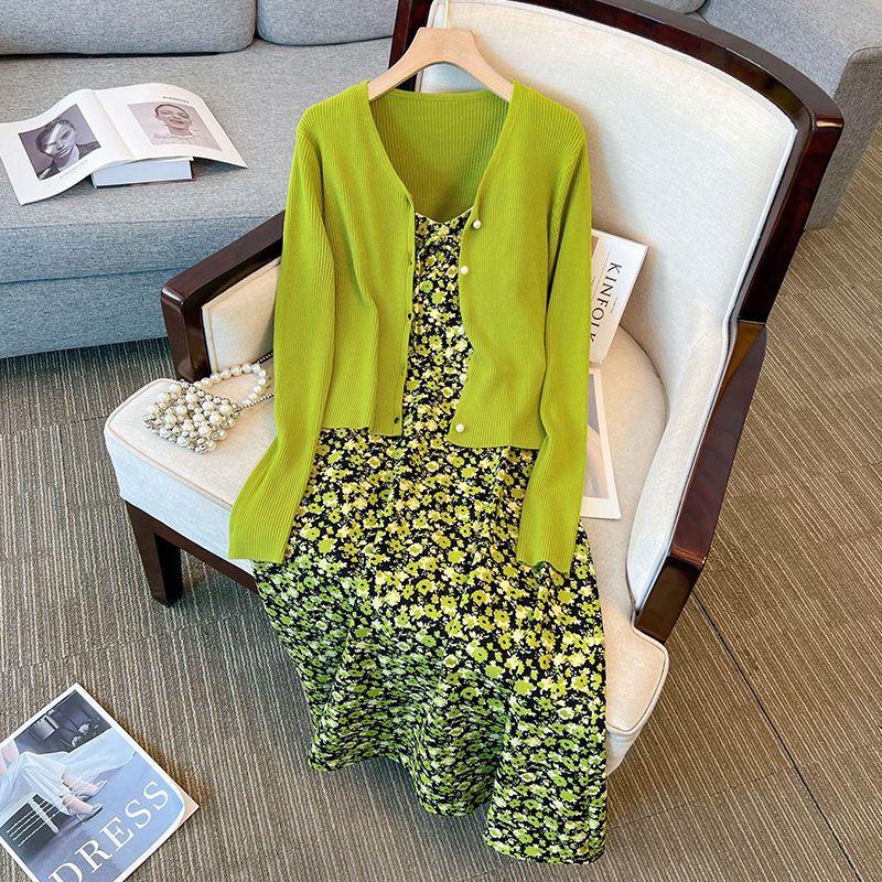 

Весна 2024 г., женское платье больших размеров с милым цветочным принтом и трикотажный кардиган Ice Silk 3XL