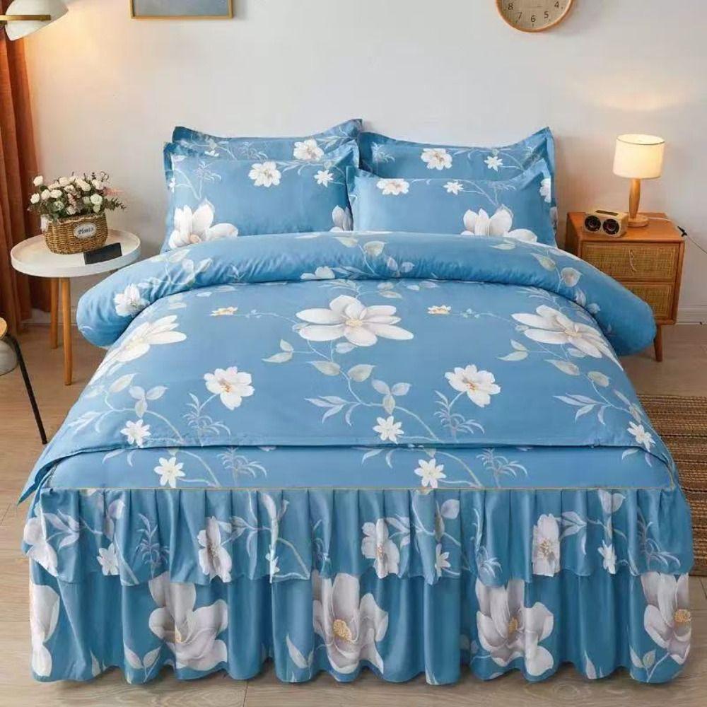 Floral Printed Double Lace Bed Skirt Three-piece Set Bedsheet Pillowcase  for Kids Adults Bedroom