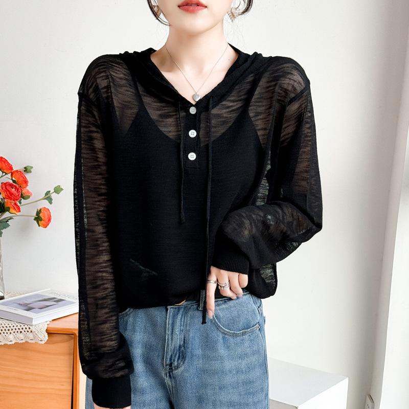 Nový letní lněný pletený svetr s kapucí s bambusovým žebrováním a jednobarevnou ležérní základní vrstvou