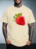 Unisex Black Crew Neck Tee Realistic Red Strawberry Fruit Print Short Sleeve Loose Casual Male Street Daily Summer Fashion Tops
