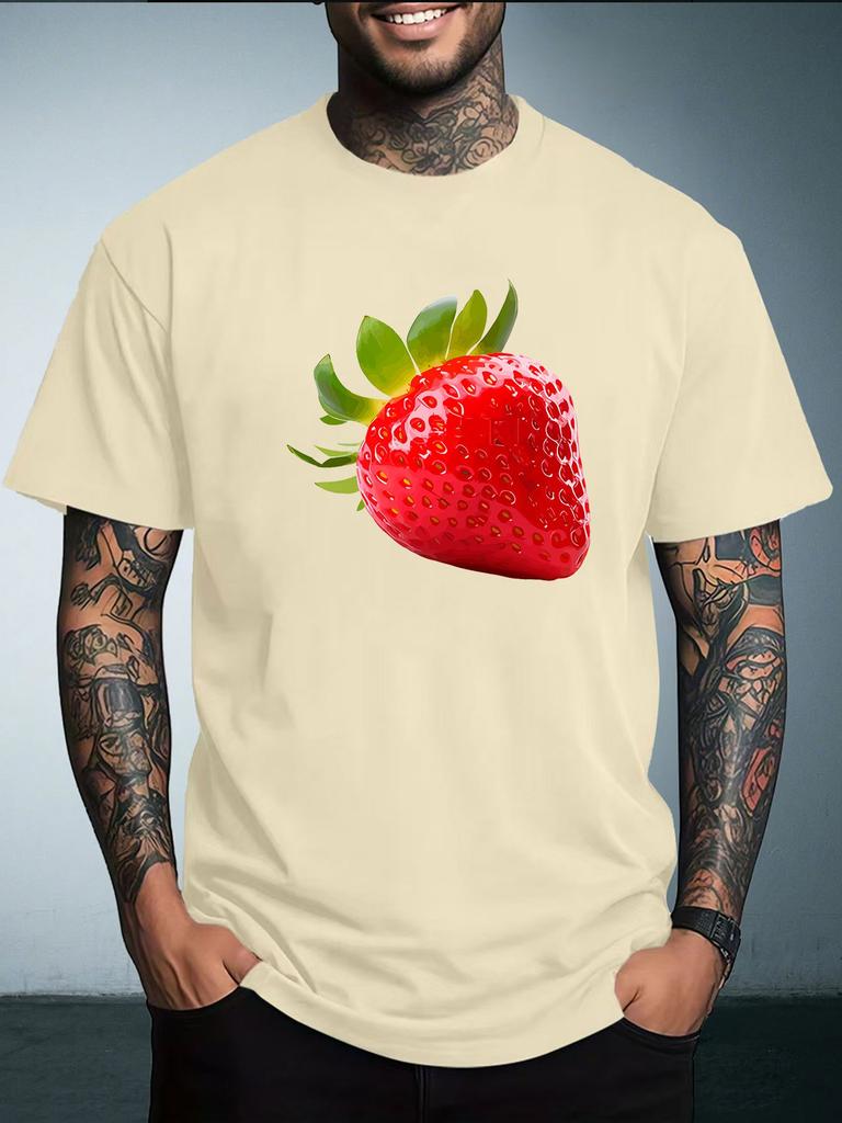 Unisex Black Crew Neck Tee Realistic Red Strawberry Fruit Print Short Sleeve Loose Casual Male Street Daily Summer Fashion Tops