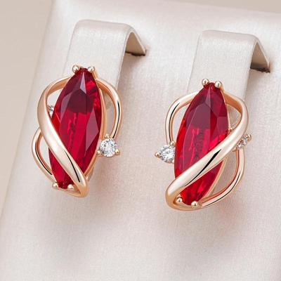 Rode Zirkoon Gouden Engelse Sluiting Oorbellen voor Vrouwen Elegante Curve Vintage Luxe Sieraden Feest Bruiloft Accessoires