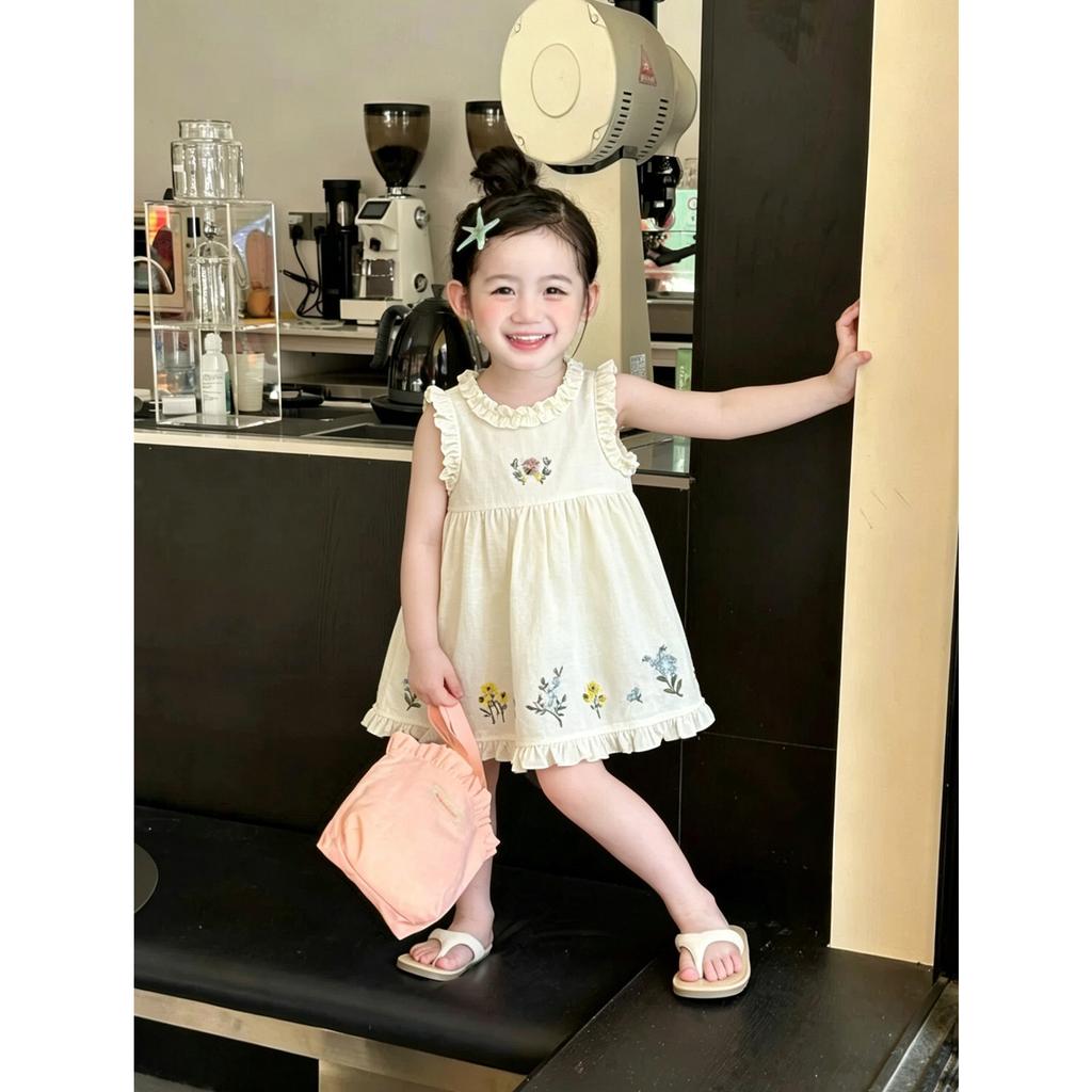 Summer Girls Thin Embroidered Sleeveless Princess Dress Sweet Ruffle Hem Vest Dress