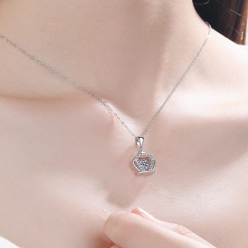 Sterling Crown Pendant Necklace Women With Moissanite Stone Adjustable Chain Fashionable