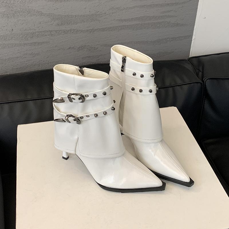 Pointed thin heel short boots women's 2025 autumn and winter white rivet belt buckle elastic thin boots high heel single boots