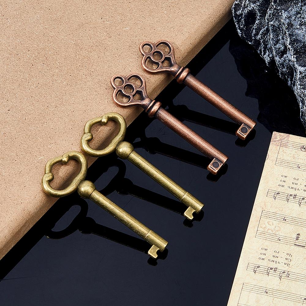 4Pcs 2 Styles Tibetan Style Alloy Big Pendants Key Mixed Color 60x18.5~24x7~8mm Hole: 3.5~17.5mm 2pcs/style
