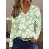 Plus Size Women's Autumn and Winter Fashionable Soft and Comfortable White Flower Green Background Printed V-neck Long-sleeved Shirt