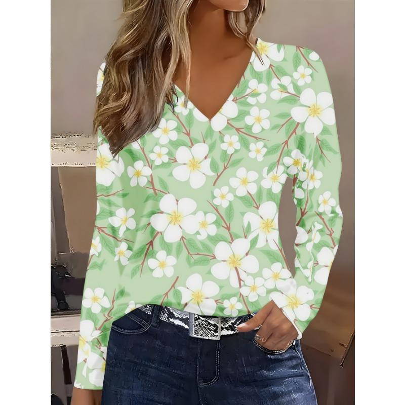 Plus size women's autumn and winter fashionable soft and comfortable white flower green background printed V-neck long-sleeved shirt