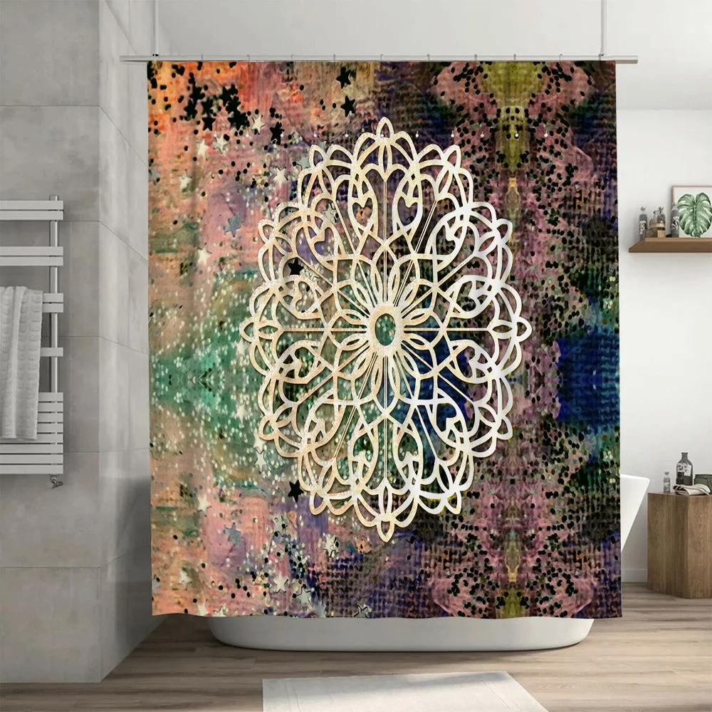 White Flower Mandala Shower Curtain with Glittery Star Design Bathroom Decor for Home Accessories 72 x 84 inches / 183cm x 213cm