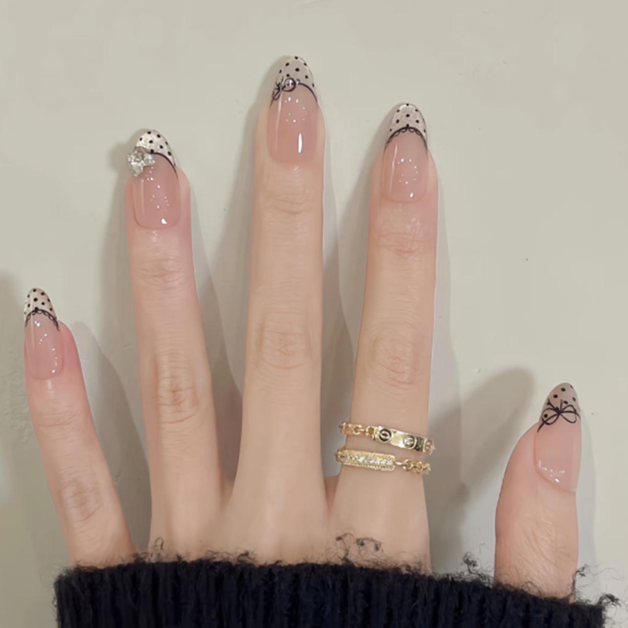 French Cat Eye Black Polka Dot Almond False Nails