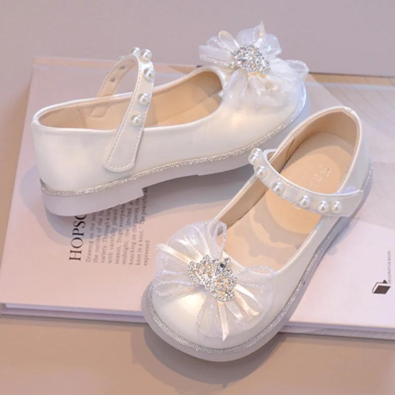 Spring Autumn Girls' Shoes Sweet Kids Leather Shoe Crown Bowknot Children Princess Fashion Flats Shoes for Dance Party Versatile