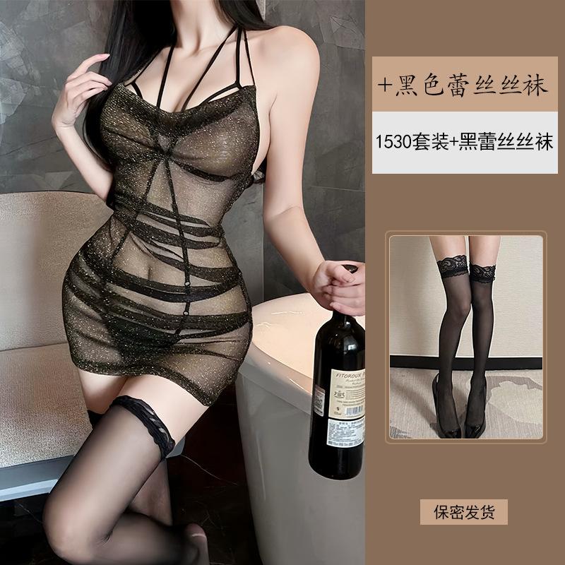 Sex Underwear Fine Flash Mesh Hip Skirt Women's Sexy Rope Clothes One-piece Uniform Pure Desire Pajamas Set 1110