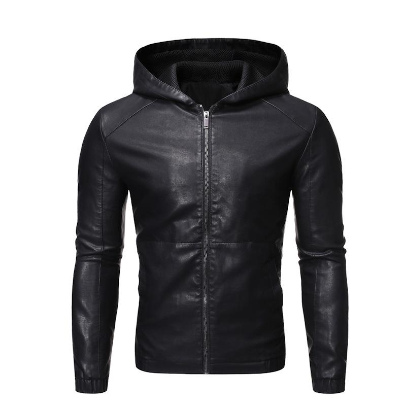 Autumn and Winter Hooded Leather Men Plus Fleece Slim Motorcycle Leather PU Leather Jacket Blue Korean Coat Hooded Top