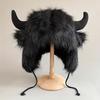 Women's Cow Skull Fisherman Hat with Faux Fur Horns - Winter Warm Ear Protection Beanie, Soft Imitation Mink Material Women