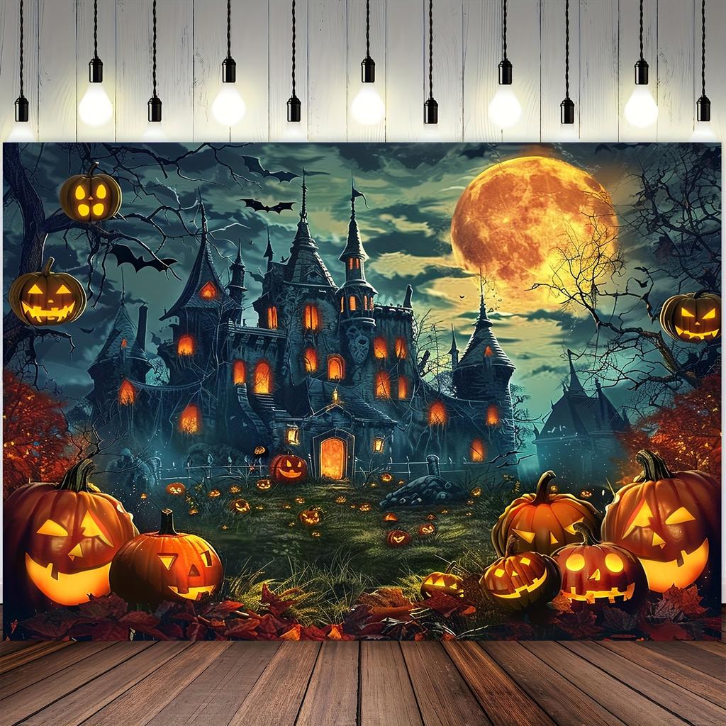 Spooky Halloween Backdrop: Dark Night Bat Castle with Pumpkin O'Lanterns - Perfect for Party Decorations and Photo Booth Props