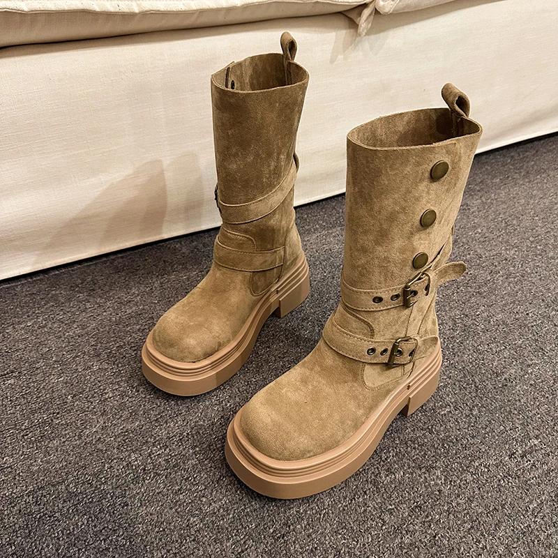 Vintage Winter Damen Motorradstiefel Mode Gürtelschnalle Mid-Calf Stiefeletten Plateau Dicke Ferse Lässige Damenschuhe