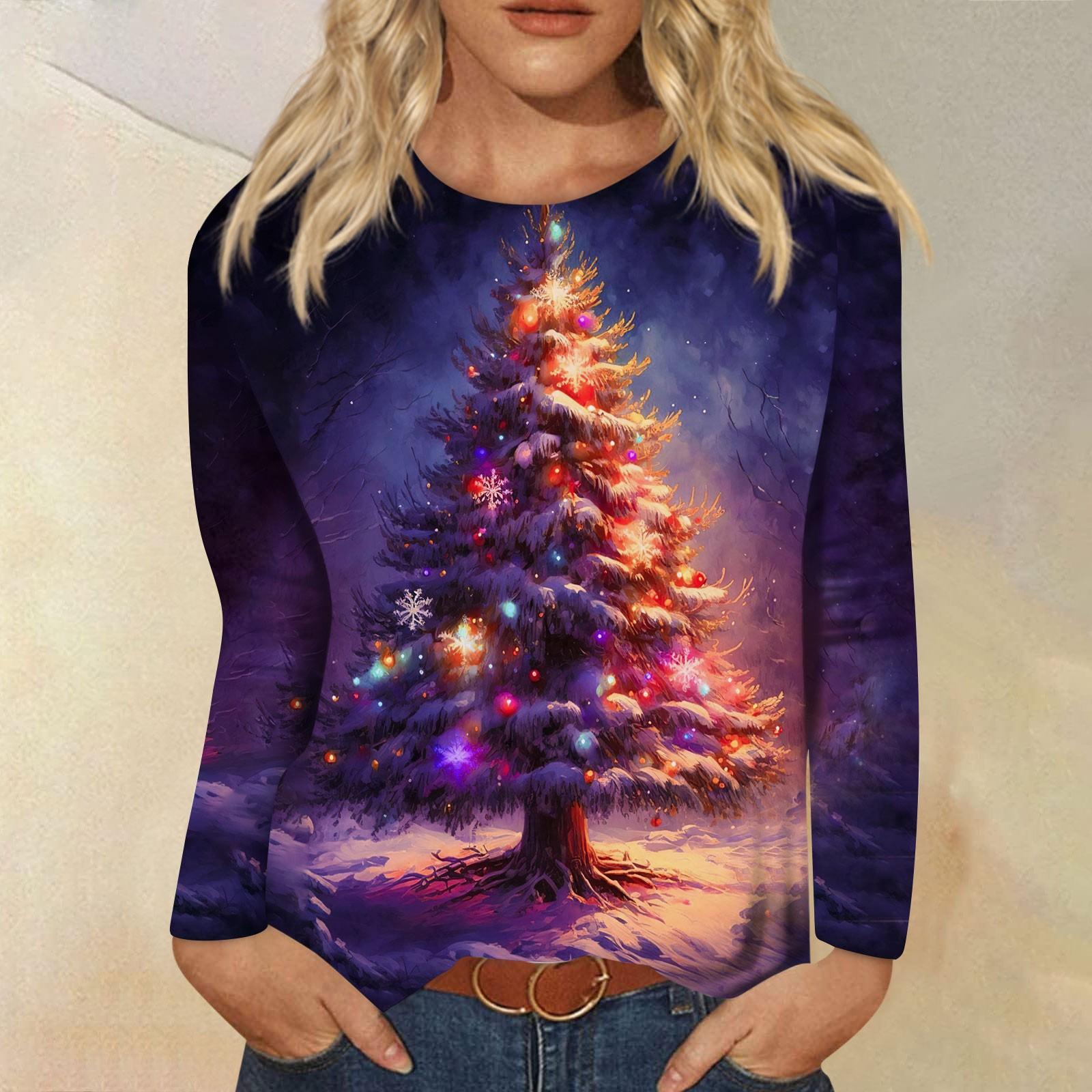 

Женская мода Повседневная футболка с длинным рукавом с рождественским принтом и круглым вырезом Топ XXXXXL фиолетовый